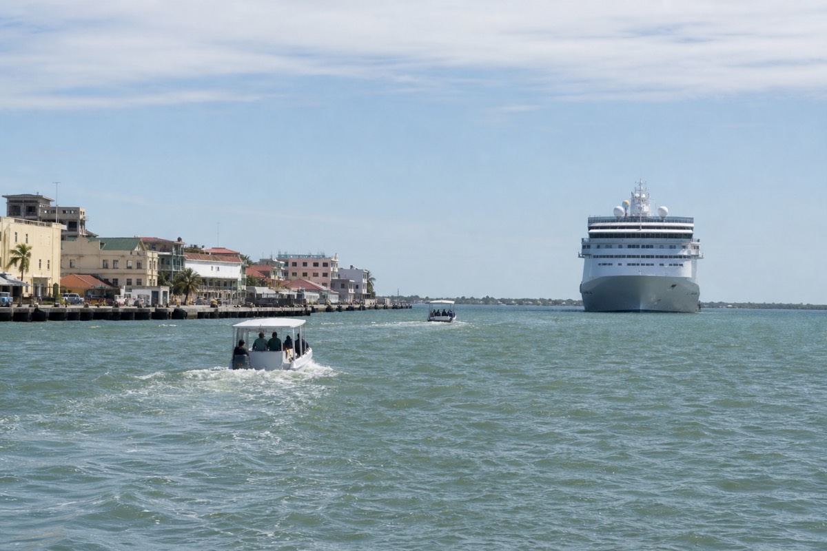 Cruise tender boat crossing turquoise water toward Belize City harbor on Belize snorkeling excursions