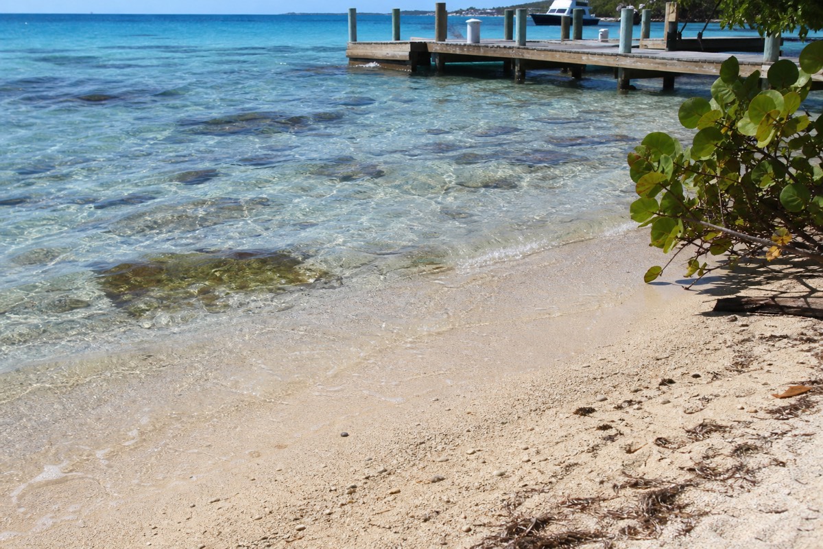 Shallow turquoise water and a dock on a Belize caye with the reef beyond, typical of shore snorkeling in Belize