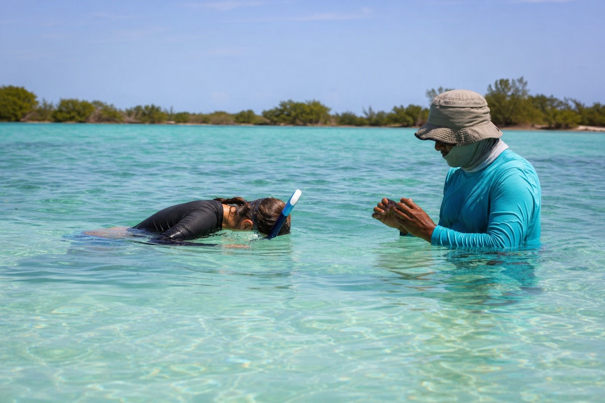 A first-time snorkeler floating in shallow turquoise water over coral, beginner snorkeling in Belize