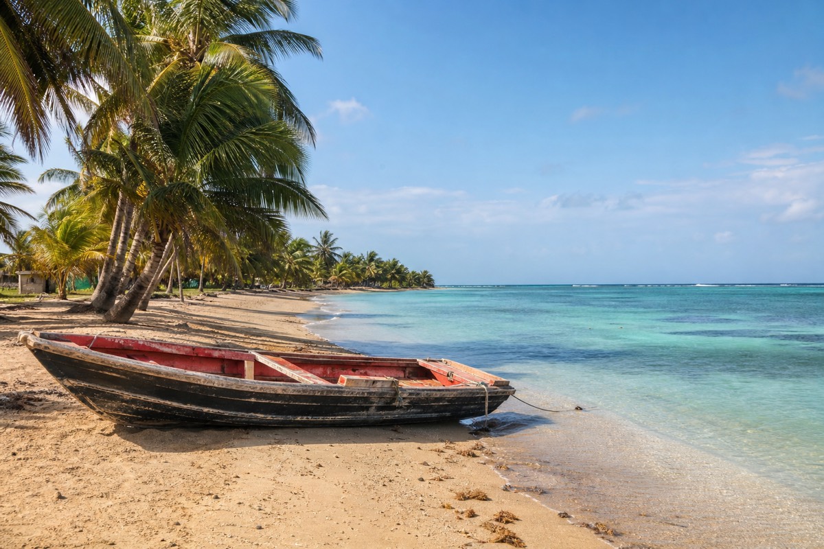 A snorkeling boat anchored off a palm-covered caye on southern Belize snorkeling waters