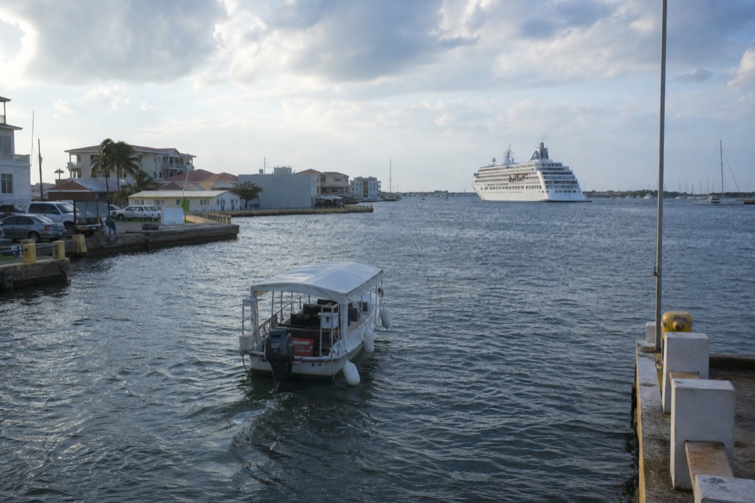 Belize City harbor where cruise tenders bring passengers ashore for snorkeling excursions from Belize City